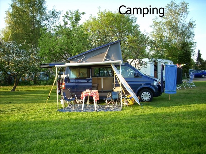 blauwe camper op veld
